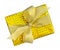 Luxury gift box wrapped in gold paper with gold ribbon bow top v