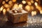 Luxury gifting Gold gift box shining against bokeh backdrop