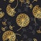 Luxury gold geometric dandelion flowers on black.