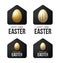 Luxury gold Happy Home Easter 2020 Card with Funny Vector Minimalist Icon. staying at home badge in Quarantine. COVID-19 Reaction