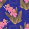 Luxury gold line art, blooming orchids, blue background.