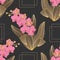 Luxury gold line art, blooming orchids, dark grey background.