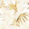 Luxury gold nature background. Floral seamless pattern, Golden bananas, palms, exotic flowers