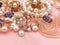 Luxury Gold white pearl rings earrings bracelet Jewelry background , on pink Jewelry background , fashion background