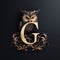 Luxury golden capital letter G with owl. 3D rendering