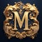 Luxury golden capital letter M in Victorian style. 3D rendering