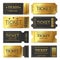 Luxury golden ticket template set for cinema, theater, concert, play, party, event or festival. Premium paper admit one and ticket