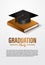 Luxury graduation party ceremony poster banner template with 3D isometric graduation caps with golden book