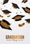 Luxury graduation party ceremony poster banner template with golden glitter graduation cap with golden flying balloon