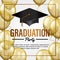 Luxury graduation party invitation card with transparent gold balloon and hat