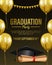 Luxury graduation party invitation with golden flying balloon and hat