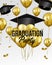 Luxury graduation party invitation with golden flying balloon and hat