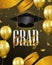 Luxury graduation party invitation with golden flying balloon and hat