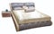 Luxury gray beige modern bed furniture with patterned bedclothes with upholstery floral texture headboard. Soft velour
