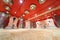 Luxury hall with bright red ceiling and lifts