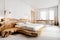 Luxury hand crafted bed made from unique solid wood slab. Rustic interior design of modern bedroom. Created with generative AI