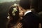 Luxury happy bride and stylish groom kissing on background of v