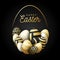 Luxury Happy easter card with eggs. Many beautiful golden realistic eggs are laid out in the shape of a large egg. Vector