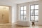 Luxury home bathroom interior with tub and douche with panoramic window