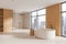 Luxury hotel bathroom interior with tub and shower, panoramic window