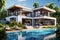 Luxury hotel. Contemporary modern house. Exterior of real estate. Holiday villa with swimming pool. Business resort. Hotel lounge