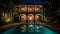 Luxury hotel poolside illuminated by blue lighting equipment at dusk generated by AI