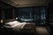 Luxury hotel room at night with a metropolis behind the window created with generative AI technology