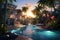 Luxury hotel with swimming pool, palm trees and flowers at sunset. Illuminated swimming pool. Luxury travel vacation. Generative