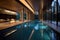 Luxury hotel swimming pool with view of the forest at night, interior Inviting Retreat, Contemporary Residence luxury villa with