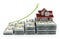 Luxury house standing on top of dollar bills. Rising house prices concept. 3D illustration