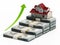 Luxury house standing on top of dollar bills. Rising house prices concept. 3D illustration