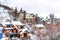 Luxury houses on a scenic neighborhood in the snowy mountains in winter