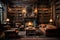 Luxury interior of the living room with a fireplace, leather armchairs and bookshelf, A classic Victorian era library with leather