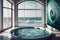 Luxury jacuzzi tub with colorful flower in water with sea and sky view