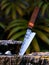 Luxury Japanese Kitchen Knife Forced Into Tree on Exotic Tree Background. Damascus Steel Chef Knife. 3d rendering