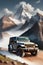 Luxury jeep drifting, mountain, dramatic scene, illustration, t-shirt design