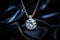 Luxury jewelry, platinum necklace with diamonds on dark silk fabric close-up. Golden necklace in the store. Beautiful diamond