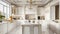 a luxury kitchen adorned with white cabinets, a marble island countertop, and a dazzling chandelier suspended above the