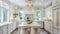 a luxury kitchen adorned with white cabinets, a marble island countertop, and a dazzling chandelier suspended above the
