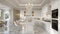 a luxury kitchen adorned with white cabinets, a marble island countertop, and a dazzling chandelier suspended above the