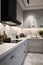 Luxury kitchen interior with white marble carrara countertops and black built in sink