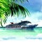 Luxury large cruise ship sailing from port, view from exotic tropical island with palm tree, travel, panoramic landscape