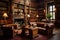 Luxury library interior with bookshelf and leather armchairs, A classic Victorian era library with leather-bound books and wooden