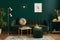 Luxury living room in house with modern interior design, green velvet sofa, coffee table, pouf, gold decoration, plant, lamp.