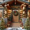 Luxury Log Home Front Entrance Door Decorations Christmas Holiday Celebrating Season Wreath AI Generated