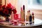 Luxury makeup products and accessories on dressing table