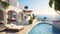 Luxury Mediterranean villa with pool overlooking sea in summer. Rich mansion with terrace, white house or resort hotel in Greek