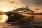 A luxury mega yacht with golden glass in the ocean illustration. Ai generative