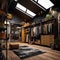 Luxury men\\\'s dressing room in loft style. Luxury and fashionable interior of modern dressing room with wardrobe