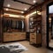 Luxury men\\\'s dressing room in loft style. Luxury and fashionable interior of modern dressing room with wardrobe